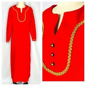 Vintage 70s Red Maxi Gown House Dress Size Large Holiday Gold Formal MOD MCM